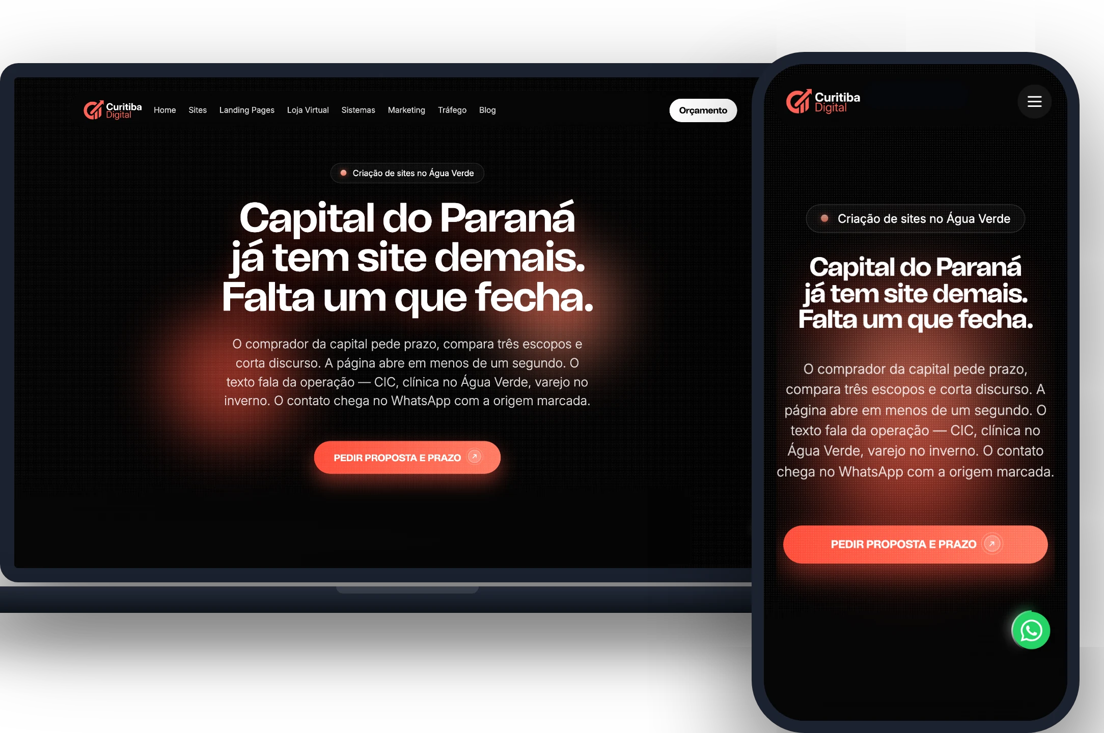 A mesma página aberta num notebook e num celular, lado a lado, cada layout no tamanho da tela